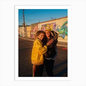 Best Friends Embracing Capturing An Intimate Candid Moment Smiles Creasing Their Faces One Drape (1) Art Print