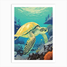 Sea Turtle In The Ocean Linograph Illustration 5 Art Print