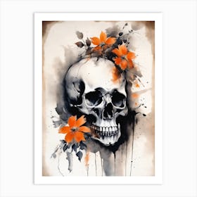 Abstract Skull Orange Flowers Painting (1) Art Print