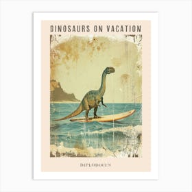 Vintage Diplodocus Dinosaur On A Surf Board 4 Poster Art Print