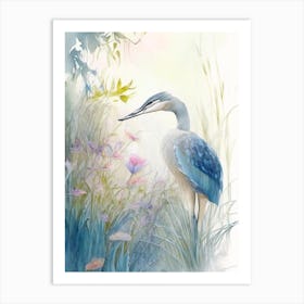 Blue Heron In Garden Gouache 1 Art Print