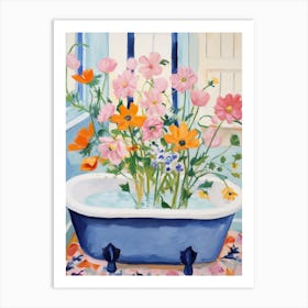 A Bathtube Full Of Cosmos In A Bathroom 1 Art Print