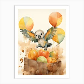 Parrot Flying With Autumn Fall Pumpkins And Balloons Watercolour Nursery 3 Art Print