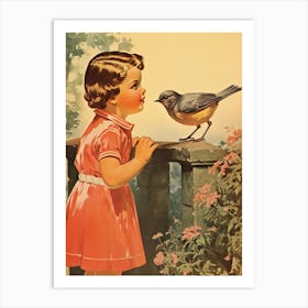 Vintage Retro Kids With Bird Illustration Kitsch 5 Art Print