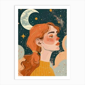 Girl With Moon And Stars 2 Art Print