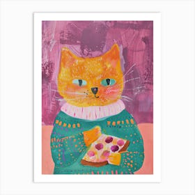 Orange Cat Pizza Lover Folk Illustration 2 Art Print