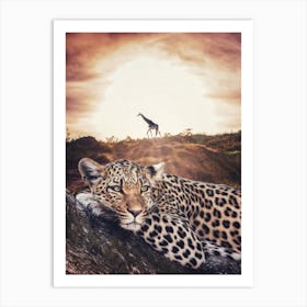 Jaguar And Giraffe In African Savannah Art Print