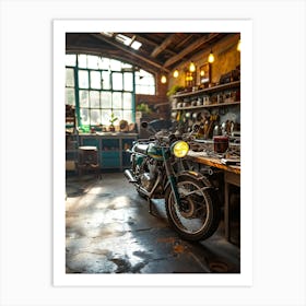 Motorcycle In A Workshop Art Print