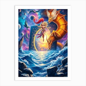 Dragon And A Woman at Portal - Abstraction Art Print