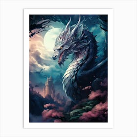 White Dragon Flying Over Landscape Under Full Moon Art Print