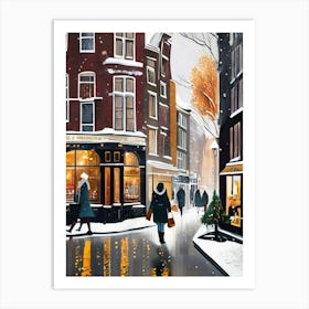 Amsterdam cafes, winter season, Christmas, autumn oil colors, pale colors, pedestrians in the street, winter clothes, falling snow.12 1 Art Print