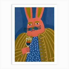 Hare Rabbit With Mustache and A Glass Of Wine Art Print