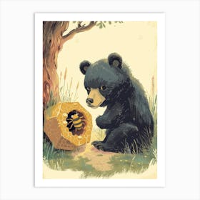 American Black Bear Cub Playing With A Beehive Storybook Illustration 3 Art Print