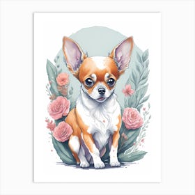 Cute Floral Chihuahua Dog Portrait Painting (3) Art Print
