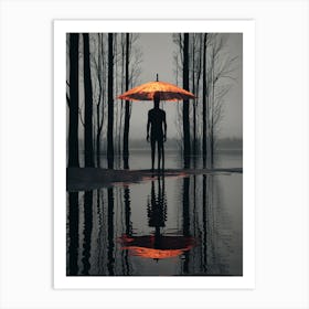 Man With An Umbrella In The Water Art Print