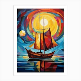 Sailing Boat at Sunset I, Vibrant Colorful Painting in Cubism Picasso Style Art Print