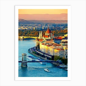 Hungary, Budapest, Chain Bridge Over Danube River And Hungarian Parliament Building Art Print