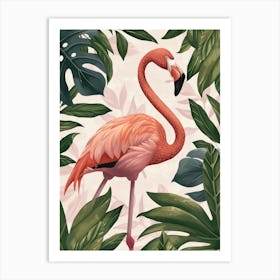 Jamess Flamingo And Philodendrons Minimalist Illustration 2 Art Print