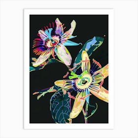 Neon Flowers On Black Passionflower 4 Art Print