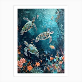 Sea Turtles With A Coral Reef Expressionism Style Painting 5 Art Print