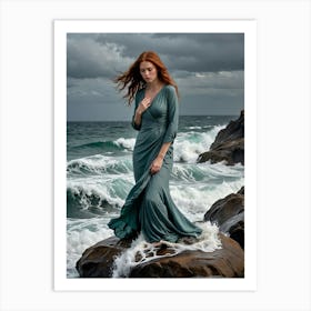 Woman In A Dress Standing against The Stormy Sea Art Print