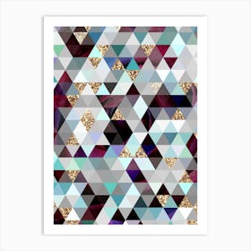 Abstract Geometric Triangle Pattern in Teal Blue and Glitter Gold n.0003 Art Print