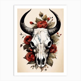 Vintage Boho Bull Skull Flowers Painting (15) Art Print