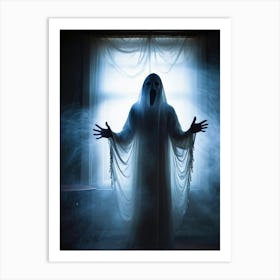 Ghostly Apparition Shrouded In Ethereal Veil Representing Religious Blindness Man Trapped In A Curt (1) Art Print