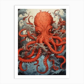 Octopus Animal Drawing In The Style Of Ukiyo E 3 Art Print