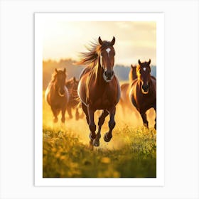 Horses Galloping At Sunset. Generated AI. Art Print Art Print