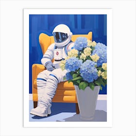Astronaut Surrounded By Royal Blue Hydrangea Flower 2 Art Print