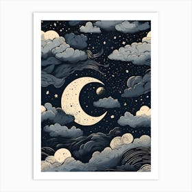 Moon And Clouds, Linocut friendly, minimalistic, night sky with crescent moon, celestial bodies, simplified, nordic, scandinavian style, muted colors, rolling clouds, viking symbols Art Print