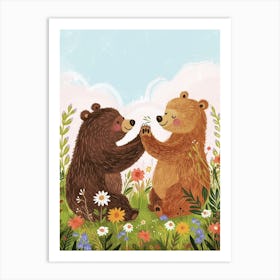 Two Sloth Bears Playing Together In A Meadow Storybook Illustration 2 Art Print