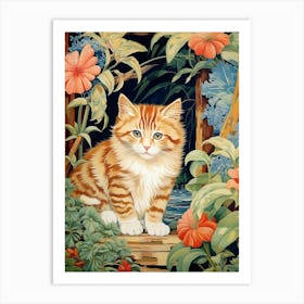 Floral Stripy Cat In Botanical Garden Art Print