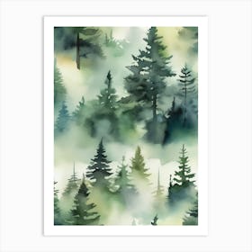 Appalachian Mountains of Misty Pines Watercolor Print of Evergreen Forest..139 Art Print