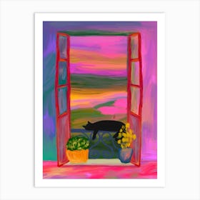 Sleepy Window Cat Art Print