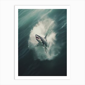 An Aerial View Of A Shark Swimming In A Large Wave 1 Art Print