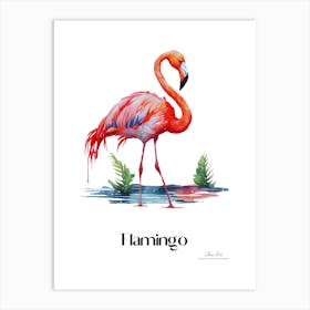 Flamingo. Long, thin legs. Pink or bright red color. Black feathers on the tips of its wings.12 Art Print