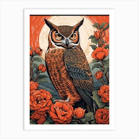 Vintage Bird Linocut Great Horned Owl 2 Art Print