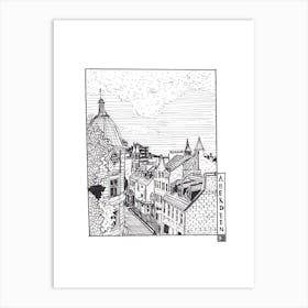 Aberdeen Scotland Town Sketch Art Print - Cityscape Pen & Ink Drawing - Black Fine Line Scotland Wall Decor & Gift Art Print