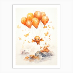 Octopus Flying With Autumn Fall Pumpkins And Balloons Watercolour Nursery 2 Art Print