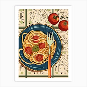 Spaghetti & Tomatoes On A Tiled Background Art Print