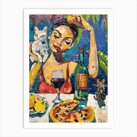 Portrait Of A Girl With Cats Eating Pizzas 4 Art Print