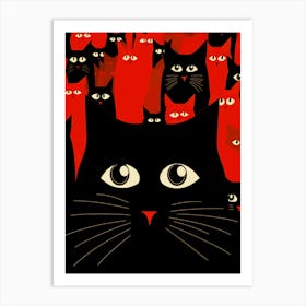 Black Cats On Red Background Art Print