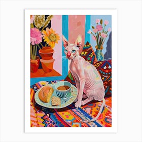 Tea Time With A Sphynx Cat 2 Art Print