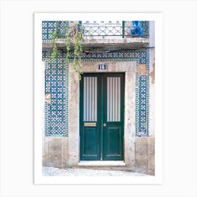 The green door nr. 16 in Alfama, Lisbon, Portgual with retro azulejos - summer vintage street and travel photography by Christa Stroo Photography Art Print