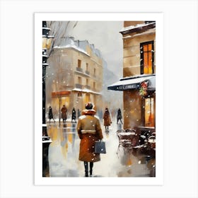 Paris cafes, winter season, Christmas, autumn oil colors, pale colors, pedestrians in the street, winter clothes, falling snow.10 Art Print