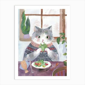 Cute Grey Cat Eating Salad Folk Illustration 1 Art Print