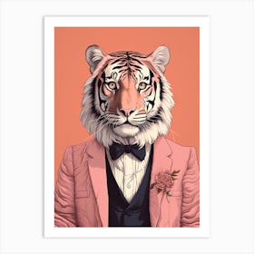 Tiger Illustrations Wearing A Tuxedo With Flowers Art Print
