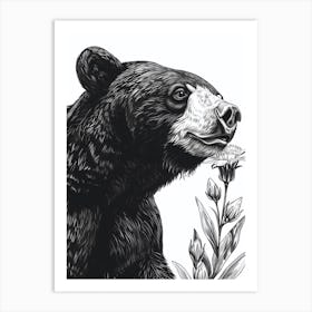 Malayan Sun Bear Sniffing A Flower Ink Illustration 4 Art Print